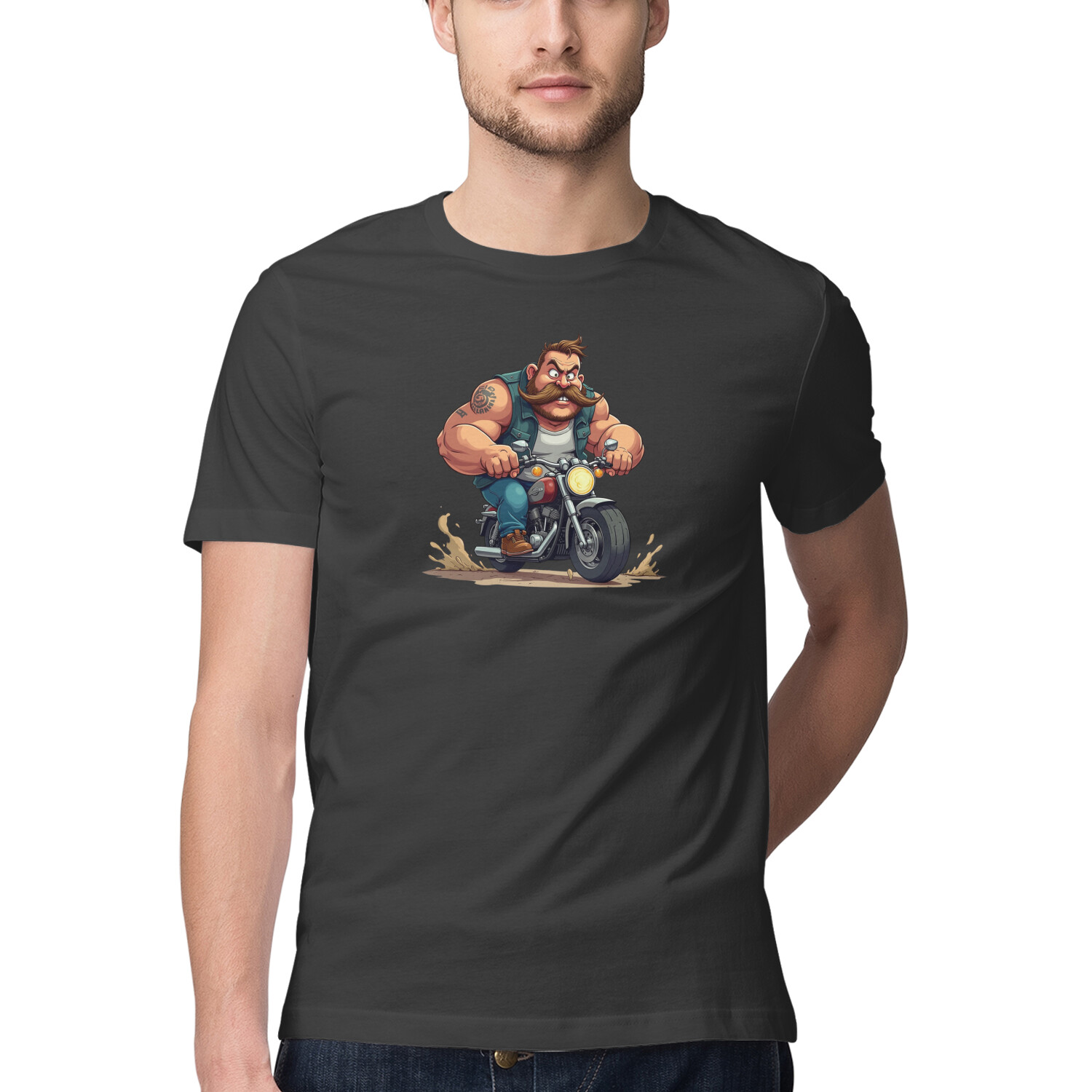 “Tiny Bike. Big Guy.” Cartoon Muscle Biker Tee